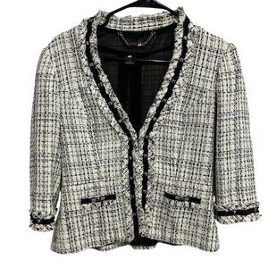 White House Black Market Tweed Blazer Black Raw Trim Hook Closure Size 2
